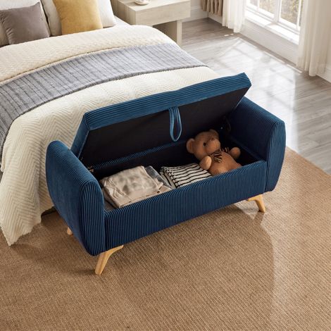 Banquette coffre pliable 145×51×45 cm en tissu velours côtelé bleu, gain de place entrée – MEUBLIV (1/5)