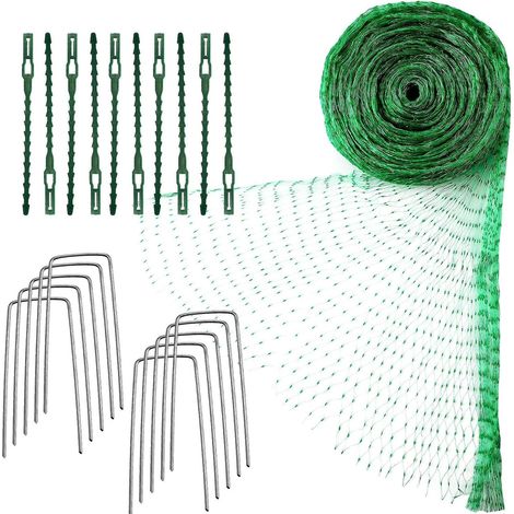 Filet de protection anti-oiseaux vert pour jardin, plantes et arbres fruitiers - 4 m x 10 m avec attaches de câble et piquets de jardin en forme de U (1/4)