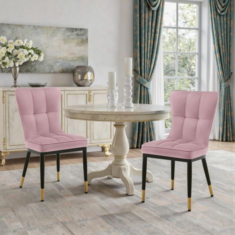 Lot de 2 chaises de salle à manger en velours rose, pieds métal dorés, 200kg (1/5)
