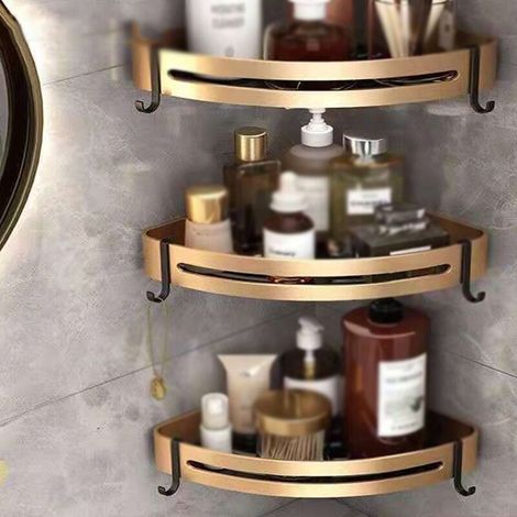 Mensola angolare per doccia, mensola da bagno a parete con ganci, senza bisogno di forare, in alluminio adesivo, per cucina e bagno, colore oro - 3 piani (1/4)