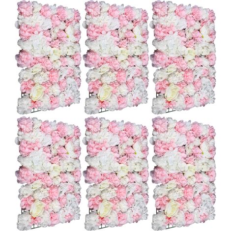 Panneaux muraux de fleurs artificielles 6 pièces, mur de fleurs artificiel, hortensias et roses, fond déco pour mariage, fête, boutique, maison et intérieur - 60x40 cm, rose pâle et blanc (1/5)