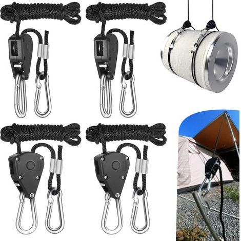 Noir,Tendeur de Corde à Cliquet 4Pcs Cordes à Cliquet avec Crochet, Cordes de Tente Réglables, Tendeur Voile Ombrage, Corde de Fixation pour Tente, 150 Livres, Sangle Réglable pour Auvent Camping (1/5)