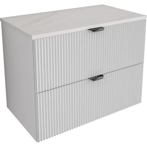 Mobile da bagno con frontale scanalato da 80 cm con 2 cassetti, bianco, con piano in marmo (MDF), con maniglia nera, 80 x 47 x 60 cm (1/5)