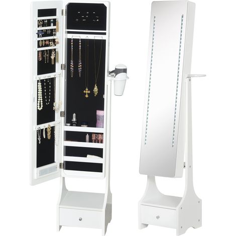 Jewellery Cabinet, Full Length Mirror with Storage, Free Standing Mirror with LED Lights, Hooks, Drawer and Hairdryer Holder for Bedroom, White