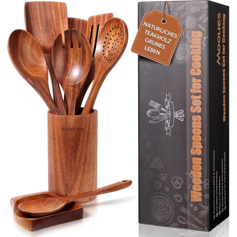 Set 9 Ustensiles Cuisine Bois Teck Naturel Louche Spatule Saladiere Support Durable Cuisine (1/5)