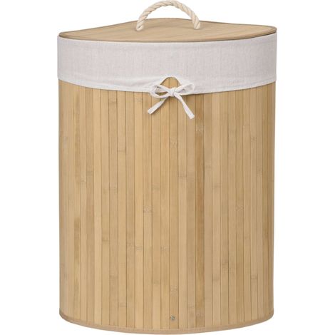 Cesto de ropa esquinero de bambú con tapa natural de 60 litros.