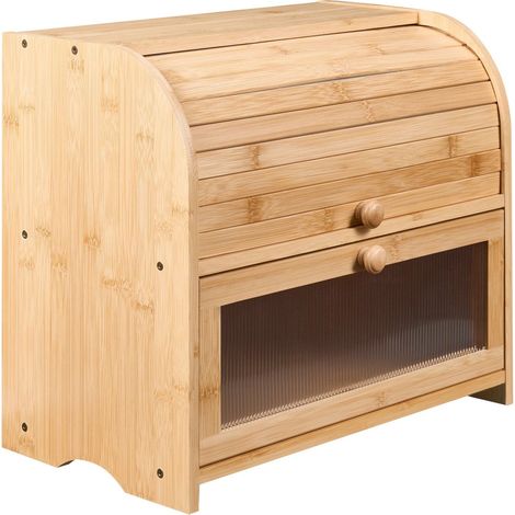 Two-Tier Bread Bin Light Brown Bamboo Box 42 x 25 x 37 cm with Decorative Fluted Panel Scandinavian LEVAIN