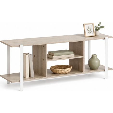 Mobile Porta TV Basso da 120 cm con 4 Vani Aperti per TV fino a 50" - Struttura in Acciaio Bianco e MDF Effetto Legno (1/5)