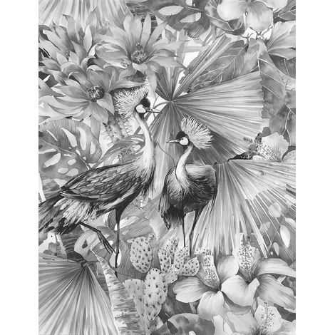 Papier peint panoramique tropical avec oiseaux Tapisserie panoramique exotique idéale salon Papier peint panoramique gris & blanc tropical