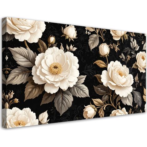 Impression sur Toile, Roses blanches sur fond noir Décoration murale florale élégante dans un style glamour,80x40 (1/4)