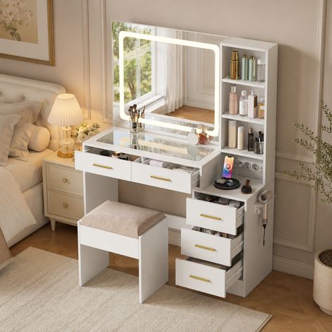 Coiffeuse 110×36×140 cm, miroir LED 3 couleurs, table de maquillage,prise européenne et port USB, coiffeuse table avec étagères réglables, tabouret, 5 tiroirs de rangement et support,Bois,Blanc (1/5)