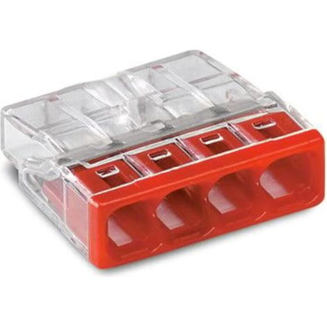 Bornes pour Boîtes de Dérivation Compact, pour Conducteurs Rigides, Max. 2,5 mm², 4 Conducteurs, Boîtier Transparent, Couvercle Rouge, Température Ambiante Max. 60 °C (T60), 2,50 mm², Rouge (1/5)