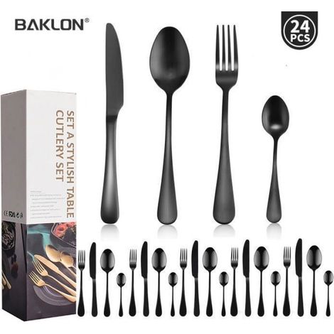 24 Couverts, Acier inoxydable, Noir mat, Résistant à la rouille, Lave-vaisselle, Usage quotidien (1/5)