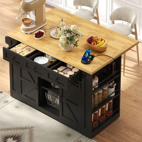 Isla de cocina móvil 130x50(80)x87 cm con bandeja abatible, enchufes AC+USB y compartimentos de almacenaje, MDF - negro (1/5)
