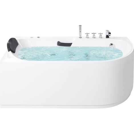Bañera de hidromasaje esquinera derecha acrílica accesorios de acero inoxidable plateado reposacabezas 170 x 80 cm blanca Sayula
