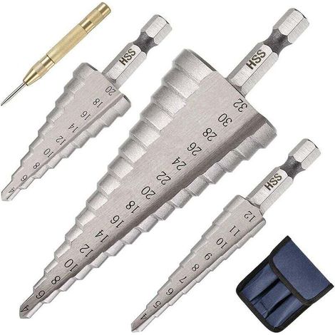 Foret Étagé,3PCS(4-12/20/32mm) Foret Fraise Meche Etage Conique à Double Fente avec Revêtement Titane HSS,Tige Hexagone,Poinçon Central Automatique et Foret de Torsion Inclus (1/5)