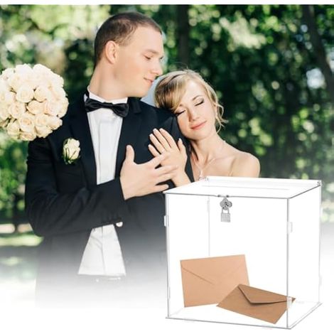 Boîte à Cartes en Acrylique Transparent pour Mariage, Baptême, Anniversaires - 25,5 x 21 x 25 cm - Urne avec Serrure et Fente (1/5)