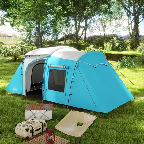 Tente de camping familiale 3-4 personnes 2 chambres 4 portes et 4 fenêtres, dimensions 460 x 220 x 175 centimètres, sac de transport