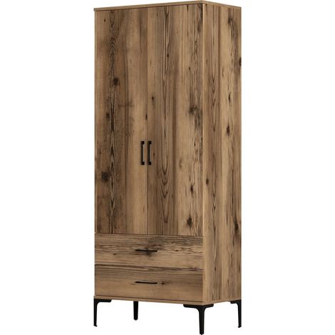 Guardaroba 2 Ante Paolina, Armadio Camera da Letto un Ripiano, 2 Cassetti, Appendiabiti, 80x201h cm Marrone Noce