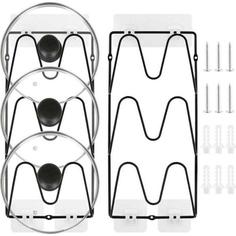 2 pièces, 6 niveaux Support de rangement pour couvercles de casseroles， sans perçage, adhésif,résistant à la rouille, pour couvercles de casseroles et poêles, rangement de cuisine（Noir ）-Crezuo