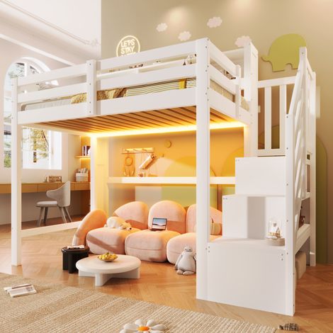 Lit mezzanine 90x200 cm avec éclairage LED, grand espace de stockage, échelle avec rangement, Pin,blanc