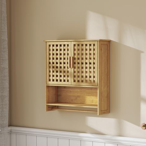 Armoire murale de salle de bain en bambou avec 2 portes ajourées, compartiment ouvert et étagère réglable, bois naturel (1/5)