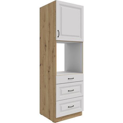 Küchen Backofen Hochschrank 60 cm mit Schubladen Stilo Weiss + Eiche Artisan Küchenzeile Küchenblock Einbauküche Landhaus Küche (1/5)