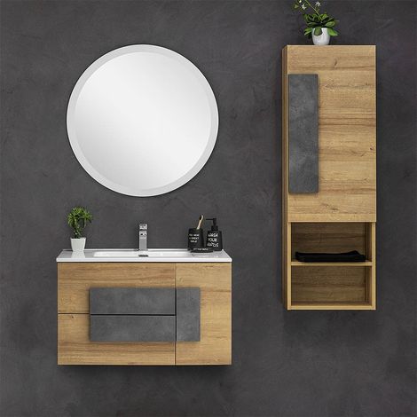 Mobile Bagno Sospeso Effetto Legno 80x47 cm con Specchio Tondo (1/5)