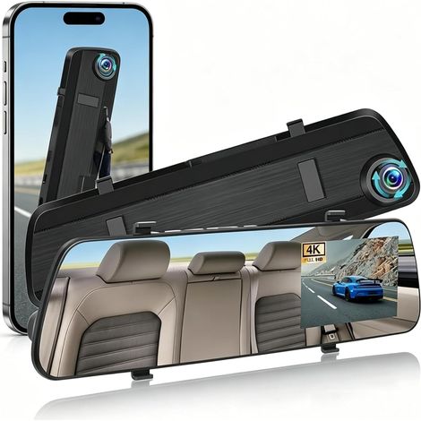 6" 4K Rétroviseur Dash Cam avec caméra de recul,1080P Full HD Rétroviseur, 5.8GHz WiFi, Avant et Arrière Double Lentille Dashcam Voiture, Aide au Stationnement (1/5)