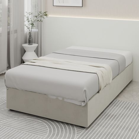 Letto contenitore per bambini 90x200 cm, letto singolo, rete a gas, struttura in metallo, tessuto in velluto beige