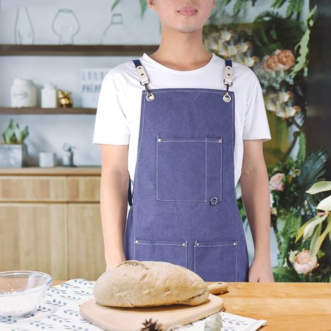 Tablier de travail bleu imperméable en toile épaisse pour la cuisine, le dessin, la peinture et la coiffure. (1/5)