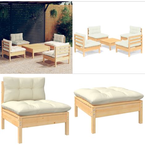 5-tlg. Garten-Lounge-Set mit Creme Kissen Kiefernholz - Gartenmöbel - Loungeset - Outdoor Möbel - Garten Lounge Set - Rattan Gartenmöbel - Home & Living