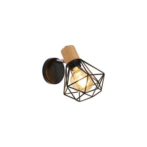 Applique Murale Industrielle Vintage, Lampe Murale 360° Rotative en Bois, Lampe Cage E27 en Métal et Fer Noir (1/5)