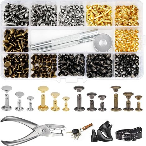 Rivets en Cuir 300 Pièces 3 Tailles Double Rivet Goujons Tubulaires en Métal Rivets Couture Sac,Rivets Cuir avec 3 Pièces Outil de Fixation et Punch Pince pour Artisanat en Cuir DIY Rivets,4 Couleurs