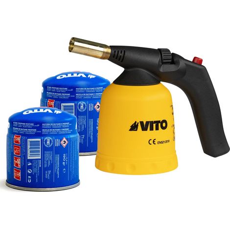 Lampe a souder à gaz ABS Allumage piezo + 2 Cartouches de gaz 190gr Perçables VITO
