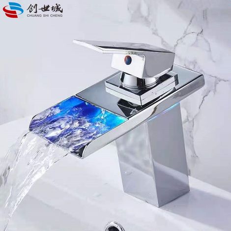 Factory direct supply of LED waterfall faucets, color-changing, square washbasin/bathroom vanity faucets, cross-border supply -- electroplated low-profile model