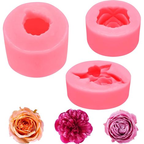 3 Pcs Moule Bougie Silicone, Moule à Bougie DIY, Cadeau Fait à La Main, Fleur 3D, pour DIY Savon GâTeau Chocolat Bonbons PâTisserie Dessert, Œillets, pivoines et roses (Rose) (1/5)