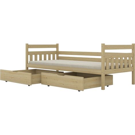 Lit enfant 80x180 cm avec tiroirs et barrière avec matelas Bois naturel modèle Dawid (1/5)