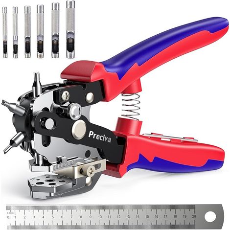 Poincon Cuir, Preciva 10 Tailles de Perforateur pour Cuir, avec 6 Perforateurs Supplémentaires, Règle, outil de Perforation en acier Inoxydable pour Ceinture, Fer Fin, Carte en Papier,Tissus (1/5)