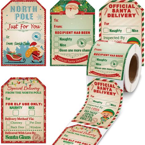 Rouleau de 200 étiquettes cadeaux de Noël rétro Père Noël autocollantes – Motifs Pôle Nord, Livraison officielle du Père Noël et Sages ou Vilains – pour emballage cadeau de Noël et décorations de fête