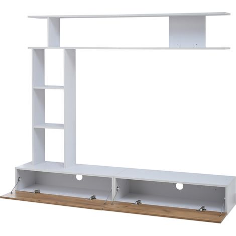 Mobile TV da parete 180 x 35 x 150 cm bianco e legno con scaffale e vetrine HOMVRA (1/5)