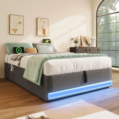 Lit coffre 90x200 cm avec bande lumineuse LED, équipé d'un port USB-C, petite poche de rangement sans tête de lit gris(sans matelas) (1/5)