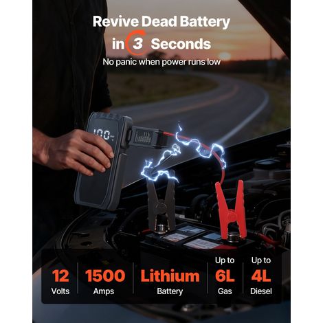 Démarreur auto 1500A, booster batterie lithium 12V portable, powerbank avec lampe 3 modes et pinces, pour moteur essence 6L ou diesel 4L (1/5)