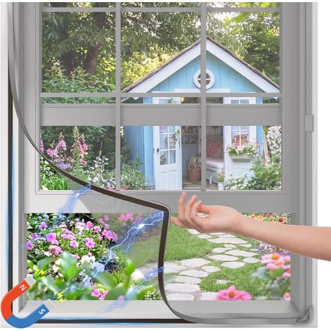 Magnetisches Fenster-Moskitonetz, 100 x 150 cm, individuell anpassbar, robustes Fiberglas, bohrfreie Montage, Schutz vor Mücken und Insekten, grauer Rahmen und graues Netzgewebe