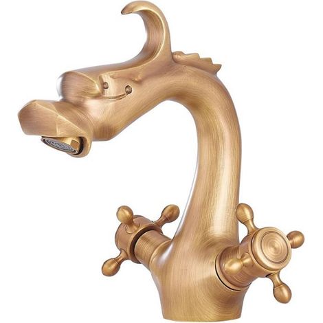 Robinet de Salle de Bain en Laiton Antique, Double Poignée Mitigeur de Lavabo Bronze Vintage, Rétro Tête de Dragon Robinets de D'évier D'eau Chaude et Froide
