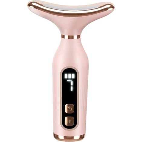 Appareil de massage visage et cou LED 7 couleurs avec fonction chauffante et 7 modes de vibration, écran LCD, rechargeable, portable, type C, rose (1/5)