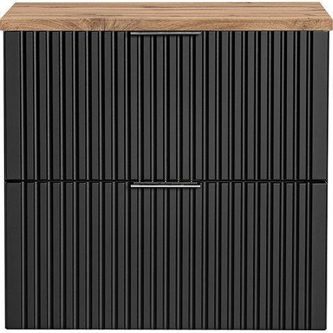Waschtischunterschrank 60cm ADELAIDE-56-BLACK, matt schwarz mit Eiche Nb., gerillte Front, B/H/T ca. 60,6/59,2/46,5 cm (1/5)