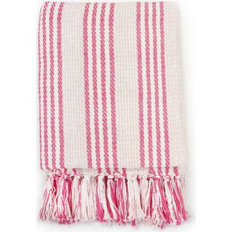 Couverture coton à rayures 125x150 cm Rose et Blanc (1/5)