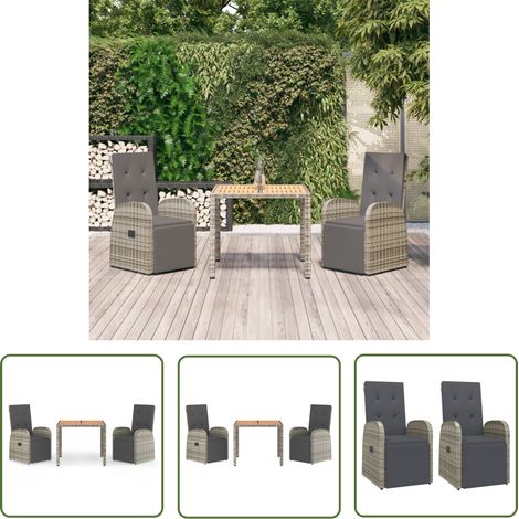 The Living Store 3-tlg. Garten-Essgruppe mit Kissen Grau Poly Rattan - Gartensitzplatz - Gartenmöbelset - Outdoor Möbel - Lounge Set - Gartenlounge (1/5)