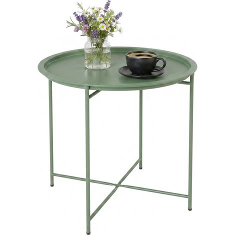 Table basse ronde verte acier plateau amovible rebord surélevé pieds pliables Ø46x53 cm